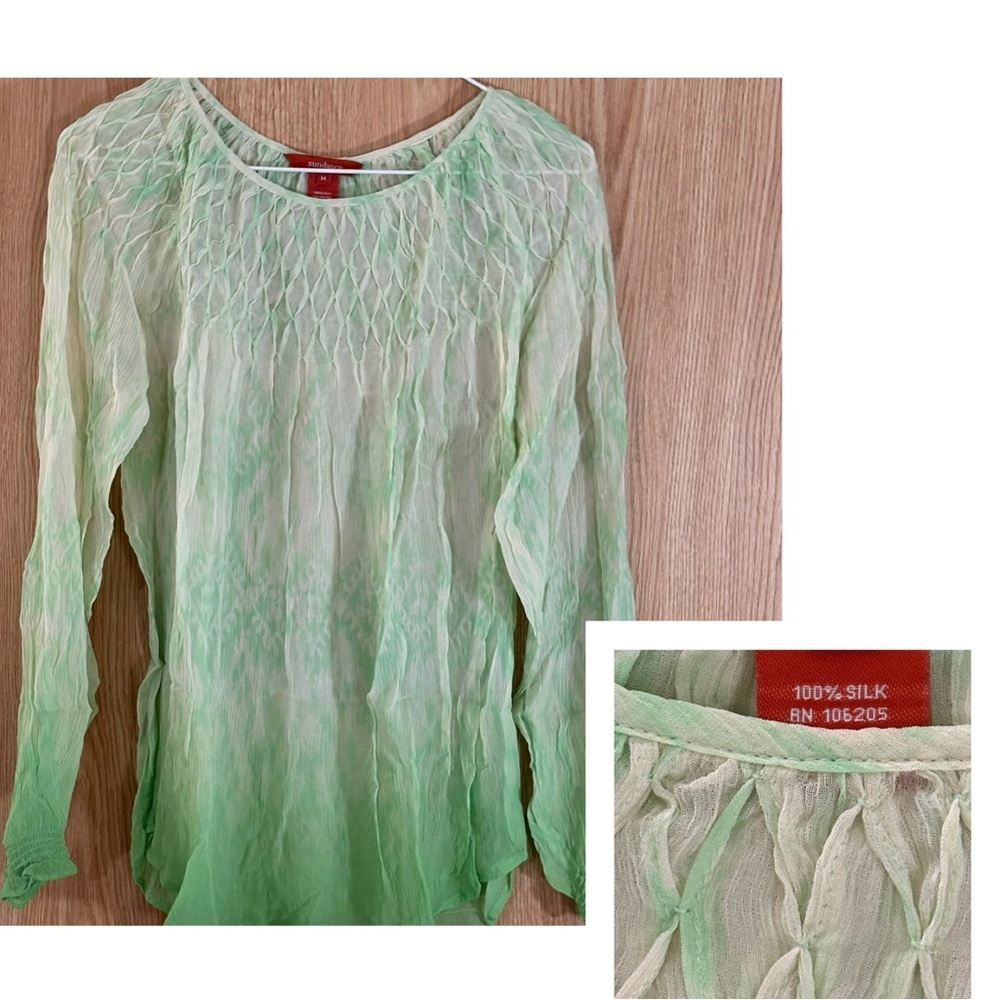 Sundance 100% Silk Lime Green/ White Ombré Dye Sheer Pleated Blouse Top